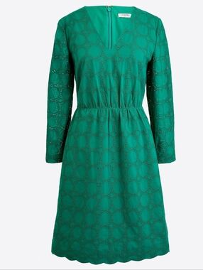 J. Crew Green Eyelet Long-Sleeve Dress